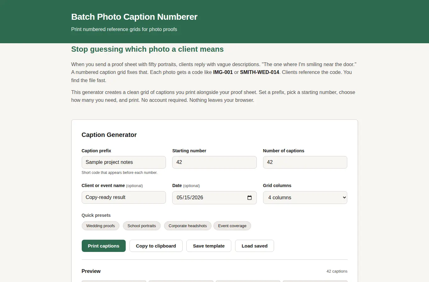 Screenshot of Batch Photo Caption Numberer interface showing the project page in use